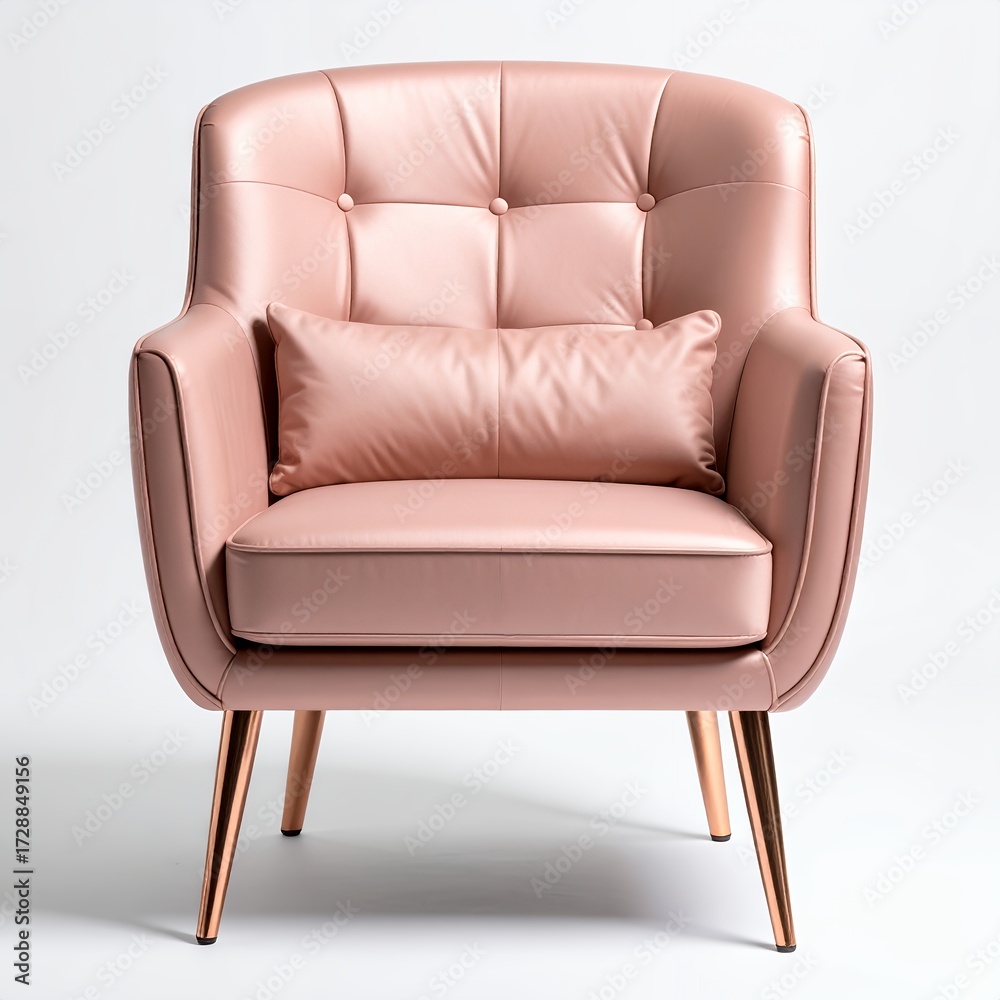 Naklejka premium Elegant upholstered armchair in a soft blush tone with sleek metal legs, comfort style white background