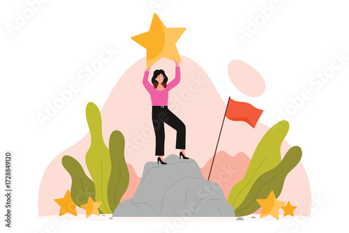 Businesswoman career achievement, success mission and challenge, leadership. Woman leader standing on high peak of mountain with gold winners star and flag after climbing cartoon vector illustration