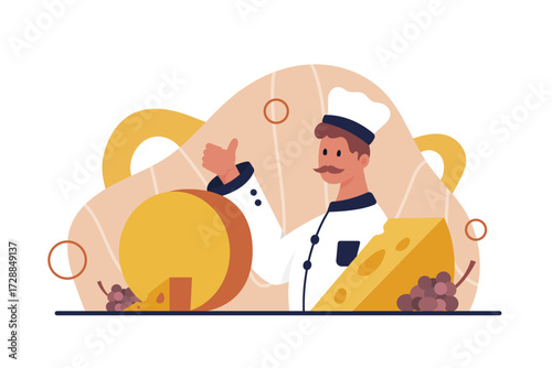 Cheese production, inspection of food by restaurant chef. Man with mustache, hat and uniform showing thumbs up to gourmet dairy product certification, safety and taste cartoon vector illustration