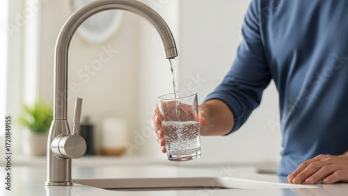 Filling a glass with water from a kitchen faucet.