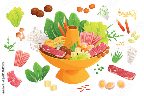 Chinese food, hot pot set. Steamboat full of gourmet pork and beef meat and vegetable ingredients collection, spicy sauce for cooking traditional dish of Reunion Dinner cartoon vector illustration