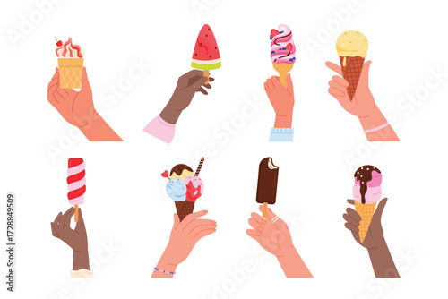 Hands of people holding ice creams set. Human arms hold cone with soft colorful balls or swirls of gelato and chocolate sprinkles, popsicle on stick, frozen yogurt in cup cartoon vector illustration
