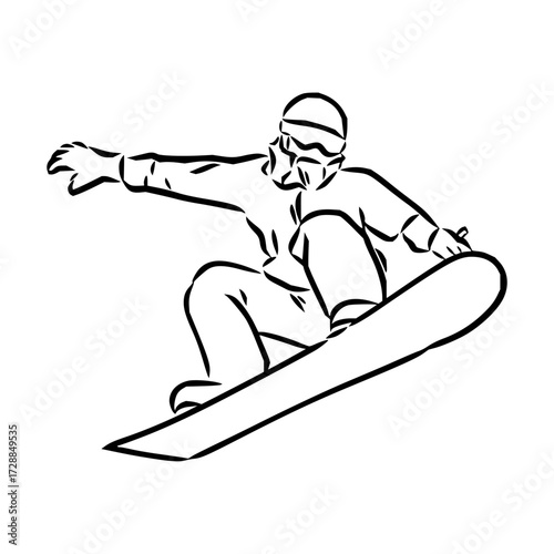 Dynamic snowboarder catches air in powerful action sketch, ideal for winter sports promotions and adrenaline-fueled adventure campaigns, scalable vector design