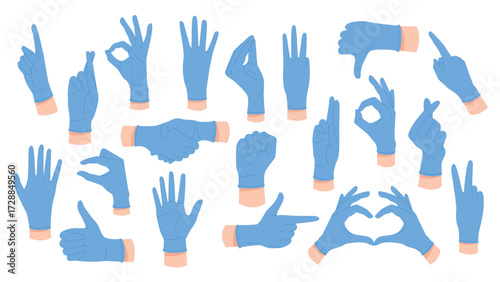 Different gestures of doctors hands in blue rubber gloves set. Body language collection of arms in protective gloves point up and down, count numbers with fingers cartoon vector illustration