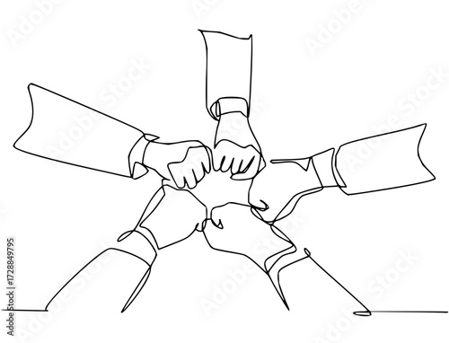 Unified team collaboration celebrates shared success with powerful fist bump convergence creating a star formation