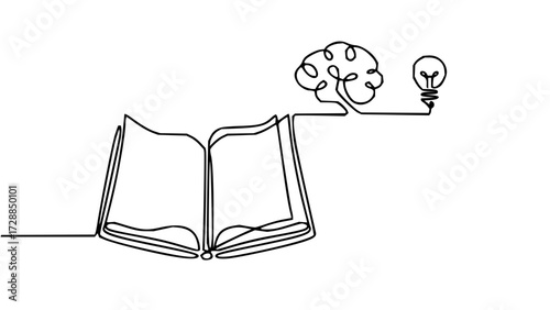 Open book transforms into a human brain connected to a bright idea light bulb symbolizing knowledge and innovation