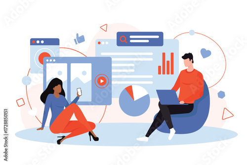 Web content search and study information online. Tiny people with laptop and mobile phone surfing internet, man and woman users work with browser windows and services cartoon vector illustration