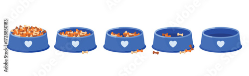 Pet dry food eating set, sequence game animation of eaten dogs treats. Animated steps collection of bowl with bone biscuit pile, plastic container half full and empty plate cartoon vector illustration