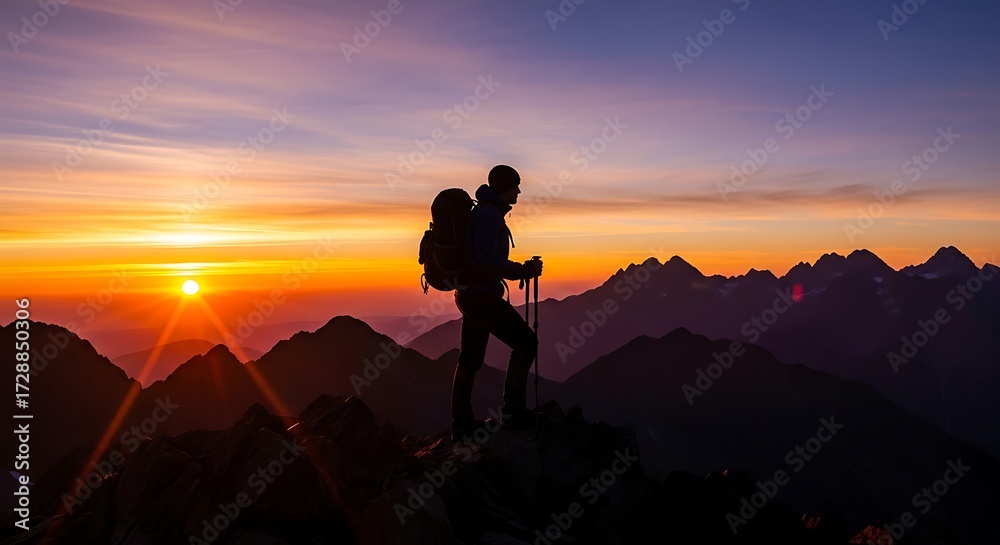 Fototapeta premium Silhouette of a lone hiker with a backpack and poles standing on a mountain peak watching the sunrise.