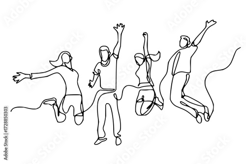 Dynamic group of friends celebrating with joyful leaps and raised arms, capturing pure freedom and energetic connection in a minimalist art style.