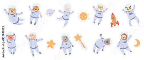 Cartoon rocket and sun in galaxy, funny astronauts characters from cosmic zoo. Cute animals in spacesuits flying in space with stars, moon and spaceship, stickers for kids set vector illustration.