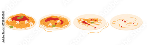 Eating spaghetti with tomato sauce, basil and mushrooms, sequence game animation set. Animated steps of eaten Italian food, plate with pasta, half full and empty bowl cartoon vector illustration