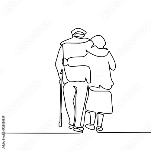 Elderly couple embracing, walking together with affection and support, symbolizing enduring love and companionship through life's journey.