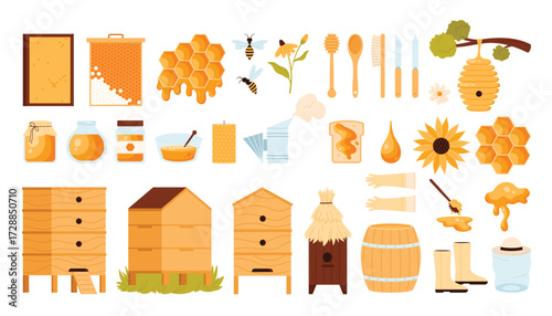 Honey products and apiary set. Beekeeping collection with honey jars and honeycomb, wooden house and hive on tree for bees, dipper stick and glass bottle, beekeepers tools cartoon vector illustration