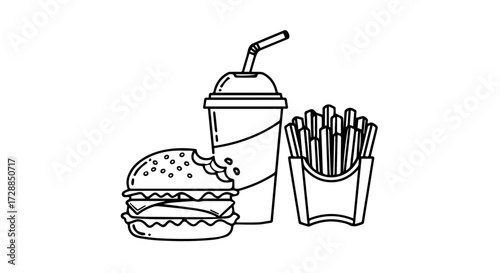 Black and White Line Art Illustration of a Fast Food Meal Burger, Fries, and Drink