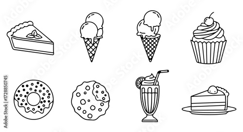 Collection of delicious sweet desserts and treats, including cake slices, ice cream cones, cookies, cupcakes, and milkshakes