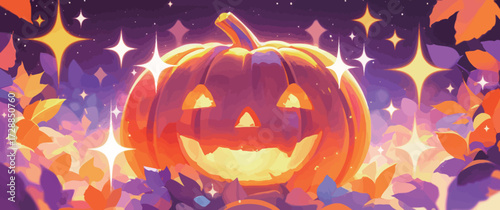 A glowing pumpkin with a smiling face sits among vibrant autumn leaves, illuminated by sparkling lights. The scene captures the joyful spirit of the fall season.