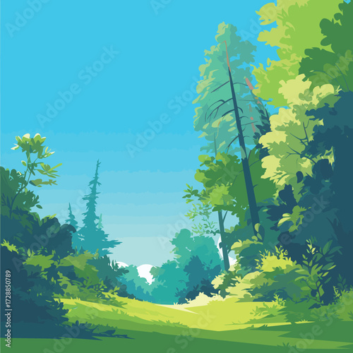 Bright sunlight bathes a peaceful forest scene featuring tall trees and rich green foliage. A clear sky adds to the tranquility of nature, inviting exploration.