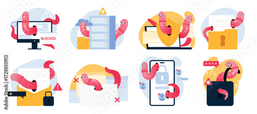 Hacker malicious network malware for theft of confidential information, data leak. Worms attack digital documents and emails, access to account on phone or laptop screen cartoon vector illustration