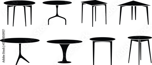Silhouette illustration of modern tables with round and square tops, black vector furniture collection, interior design, home decor, dining, office, minimal concept