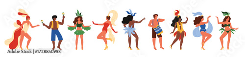 Dancers of Brazilian carnival set. Happy people in festival burlesque costumes and plumage dancing at night party in Brazil, celebration and Latin dance of man and woman cartoon vector illustration
