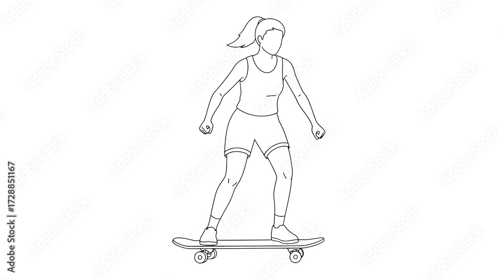 Obraz premium Line art of woman skateboarding illustration for sports and recreation activities design template vector 100 on transparent background