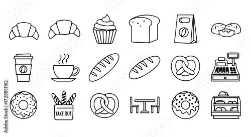 Bakery Icon Set Featuring Croissants, Cupcakes, Bread, and Coffee – Perfect for Food Design