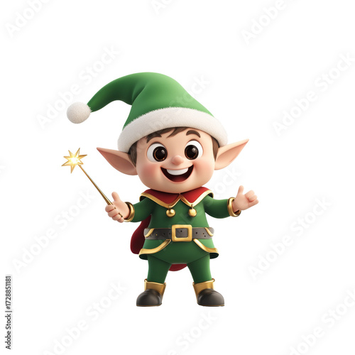 Cheerful cartoon elf with green outfit and magic wand