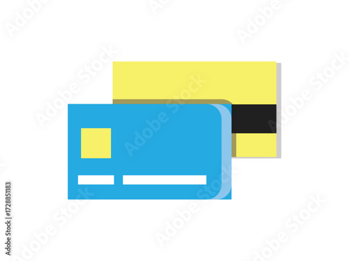 Two stylized cards overlapping: a blue card with white detail lines and a yellow chip area in front, and a yellow card with a black magnetic stripe behind, isolated in white background.