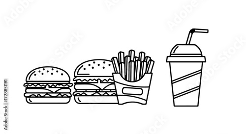 Iconic set of fast food items including a hamburger, cheeseburger, french fries, and a drink, drawn in a minimalist outline style