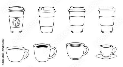 Collection of line art coffee cups and to-go cups on a white background