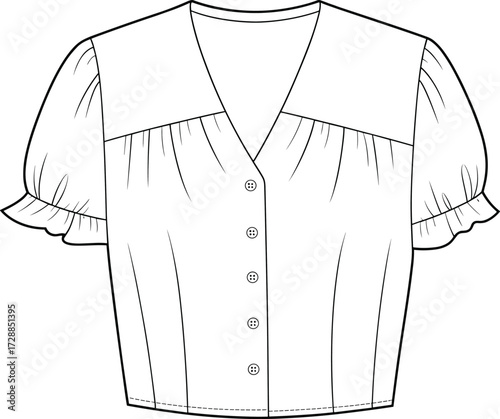 Button-down blouse technical sketch, puff sleeve top fashion flat, ruffle cuff yoke design, cad drawing flat vector illustration, sewing pattern