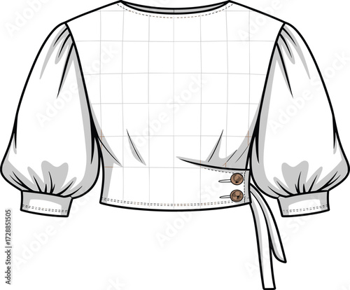 CAD drawing flat vector illustration of stylish women’s wrap blouse with puff sleeves and side button detail, fashion technical sketch