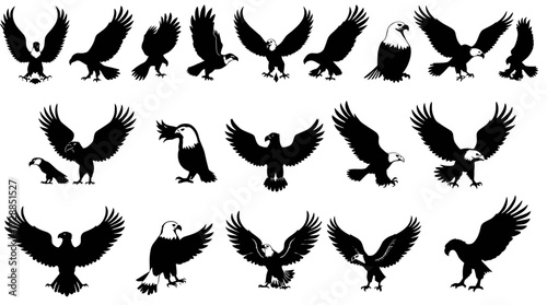 Collection of eagle silhouettes in various poses, including flying, landing, and perched positions.