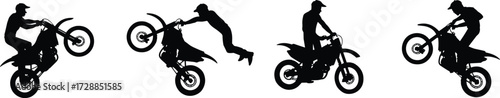 Silhouette illustration of motocross riders performing extreme stunts, dirt bike tricks, freestyle jumps, wheelies, adventure sports action, motorcycle stunt vector design isolated
