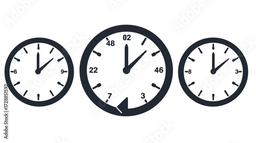 Three circular clocks display different times, with hands indicating the hours and minutes, against a white background.