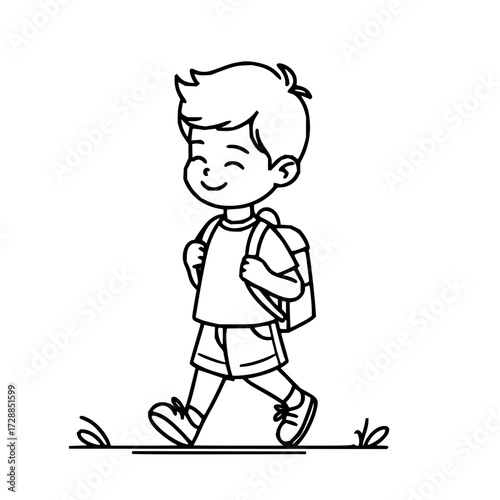Joyful young boy with backpack cheerfully walking to school or adventure, capturing childhood innocence and excitement for learning