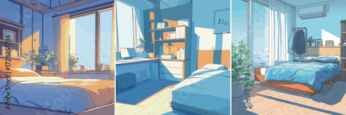 Soft sunlight fills three cozy bedrooms, each featuring minimalistic decor, plants, and warm colors. The inviting atmosphere enhances the peaceful ambiance.
