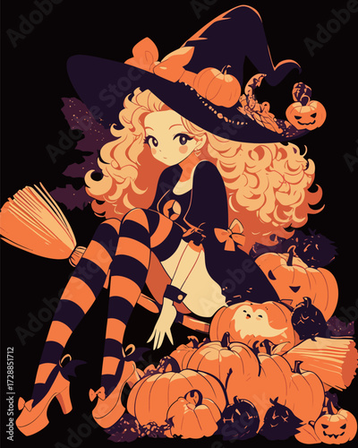A whimsical witch with curly hair and a wide-brimmed hat sits on a broom surrounded by cheerful pumpkins. The scene captures the spirit of autumn and Halloween.