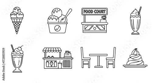 Collection of simple line art illustrations depicting various frozen treats, ice cream parlors, and dessert stands