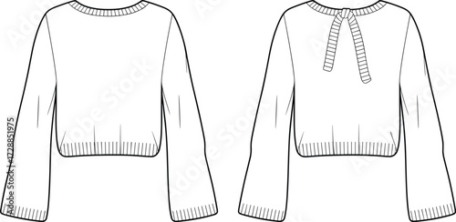 Long sleeve women's top, back tie detail, crop sweater, fashion CAD sketch, flat vector apparel illustration for designers