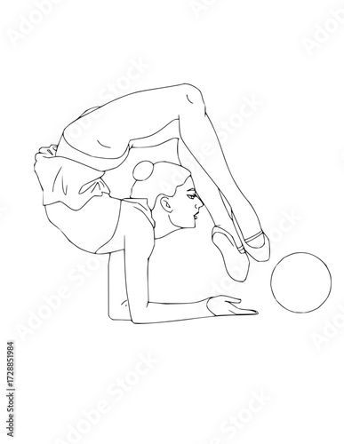 Graceful gymnast contorting body with rhythmic gymnastics ball in dynamic pose, showcasing flexibility and strength