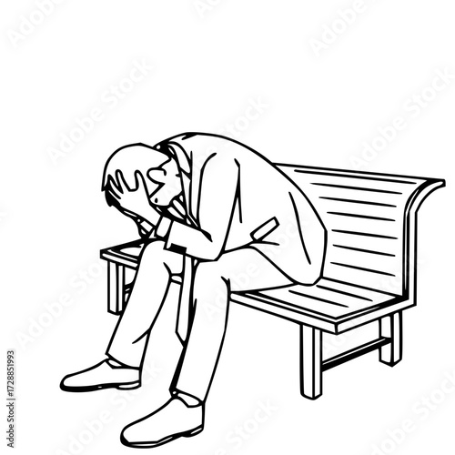 Stressed businessman clutching head in despair while sitting alone on park bench, conveying overwhelming pressure and mental anguish