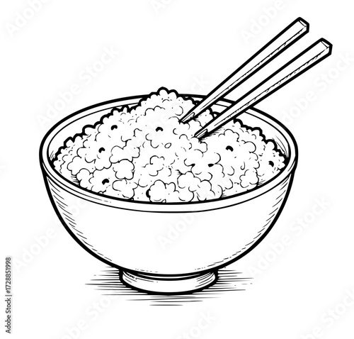 Steaming bowl of fluffy white rice with chopsticks poised for a delicious meal, perfect for culinary and Asian cuisine themes