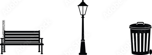 bench, lamp, trash, can, silhouette, vector, design, park, street, outdoor, urban, public, furniture, equipment, object, illustration, icon, decoration, infrastructure, city,