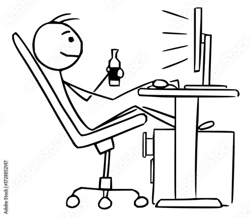 Relaxed gamer enjoys late night gaming session with a cold drink and computer screen glow