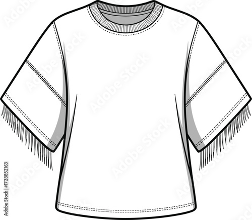 Short-sleeve fringe shirt technical sketch, wide sleeve round neckline fashion flat, seam detail design, cad drawing flat vector illustration