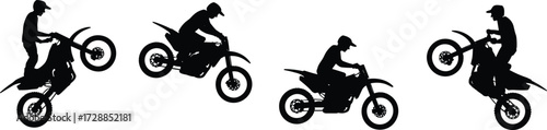 Silhouette illustration of motocross riders performing extreme stunts, motorcycle tricks, dirt bike jumps, 
