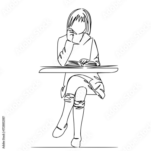 Young student engrossed in reading a book at a desk, contemplating ideas with a thoughtful pose, perfect for educational or creative concepts.