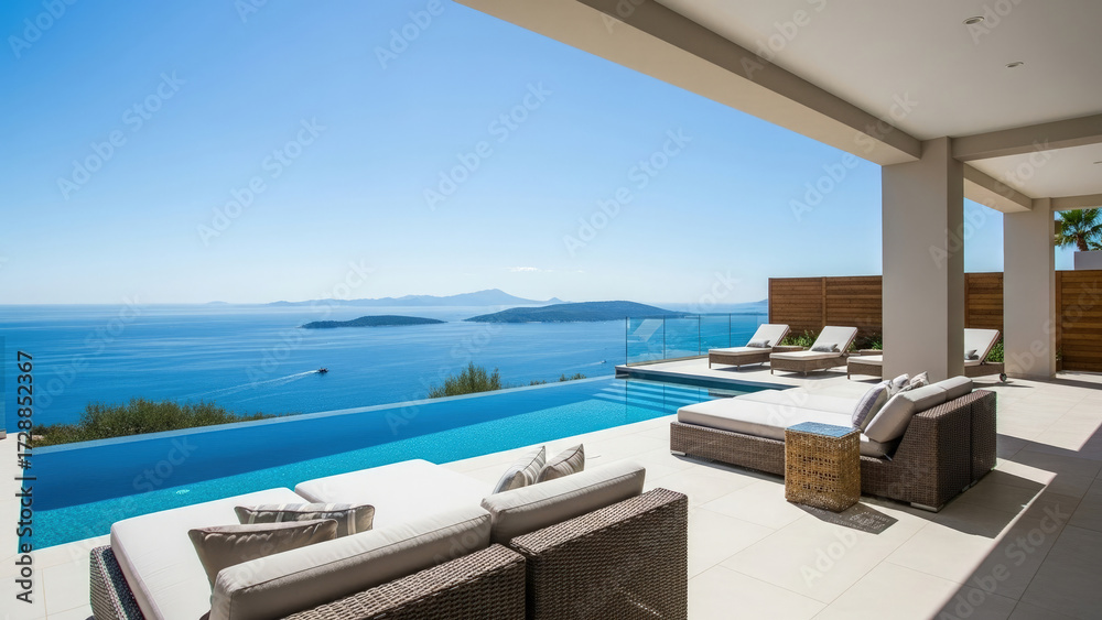 Fototapeta premium Luxury villa with infinity pool overlooking the sea.
